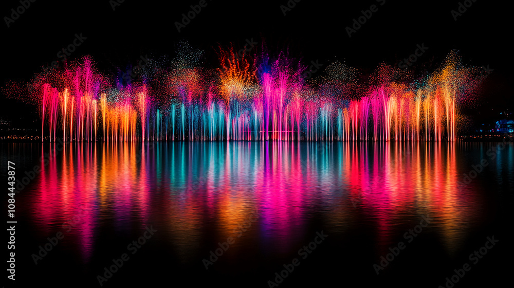 Numerous colorful water fountains create a dazzling reflection on a dark lake Numerous colorful water fountains create a dazzling reflection on a dark lake