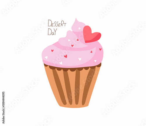 Cake with hearts. Hand lettering Dessert Day. Food, dessert, sweet cream cake. Day of sweets. Valentine's Day, wedding, holiday decor. Design for cards. Vector illustration. Isolated background.