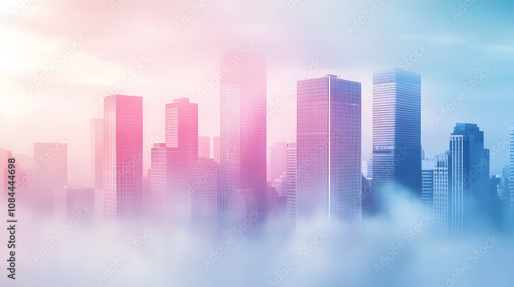 Fototapeta premium Dreamy cityscape at sunrise, pastel colors paint the skyscrapers emerging from a soft fog. Serene and ethereal mood.