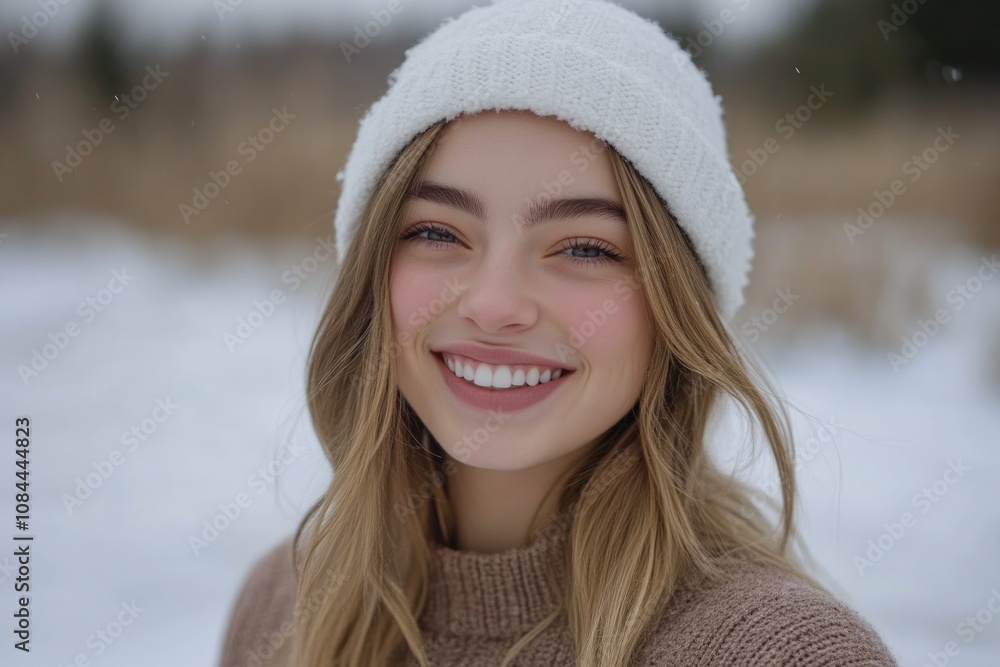 Snowy winter wonderland with woman in white cozy hat Snowy winter wonderland with woman in white cozy hat