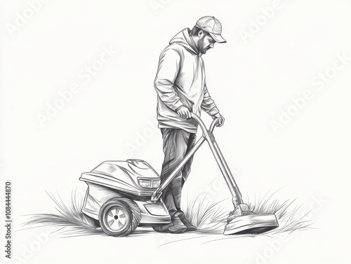 Gardener pushing lawn mower on wheels cutting grass in outline style photo