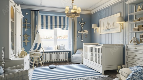 Baby room with a stylish nautical theme, anchors, and sailboat details photo