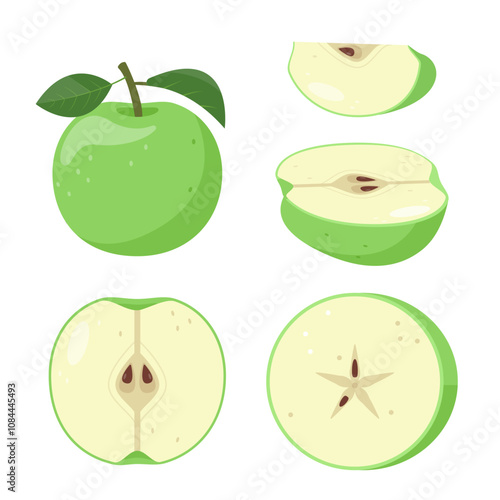 Set of green apple fruits icons. Fresh whole and cut green apples and pieces. Organic fruits for juice, smoothie or vitamin C healthy food. Vector illustration isolated on white background.