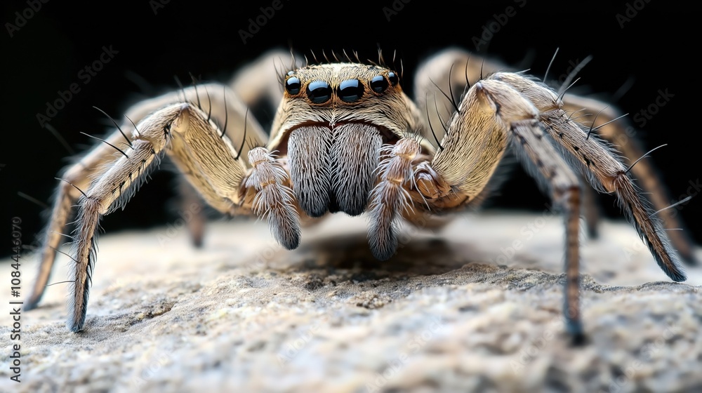 Close-up of a jumping spider on a textured surface showing detailed eyes and hairy legs. Close-up of a jumping spider on a textured surface showing detailed eyes and hairy legs.