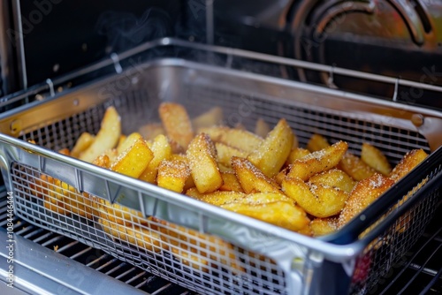 Delicious french fries cooking in an air fryer basket, emitting appetizing steam photo