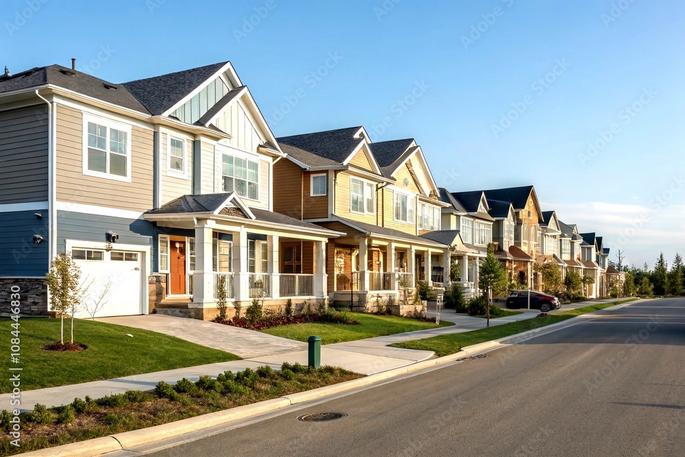 Elegant Row of Newly Built Townhouses in the Suburbs Showcasing Modern Architecture from a Long Side View Angle, Perfect for Real Estate Marketing and Home Buying Promotion Elegant Row of Newly Built Townhouses in the Suburbs Showcasing Modern Architecture from a Long Side View Angle, Perfect for Real Estate Marketing and Home Buying Promotion