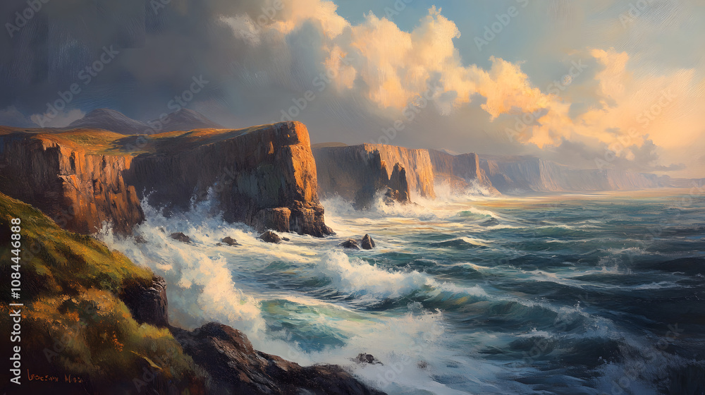 Fototapeta premium Dramatic coastal scene with crashing waves against rugged cliffs under a cloudy sky. The golden hour light casts a warm glow on the landscape.
