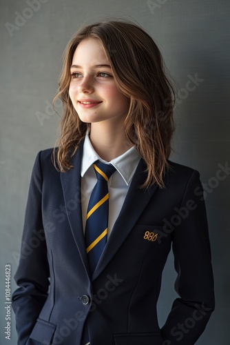 image for school yearbook, body facing the left, australian white girl, 15 years old, brown hair, in navy blue blazer, navy blue tie with yellow stripes, body turn to the left, generative ai photo