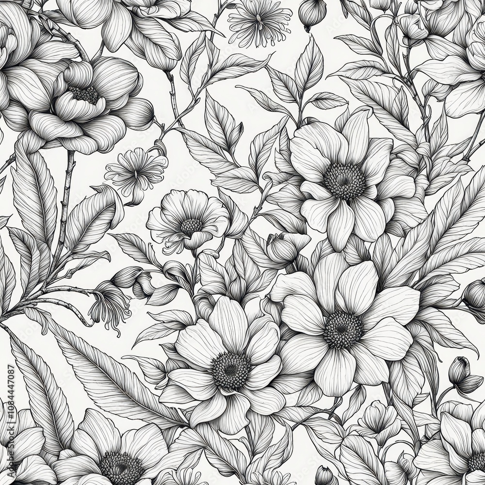 A detailed black and white floral pattern featuring various flowers and leaves. A detailed black and white floral pattern featuring various flowers and leaves.