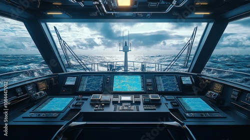 The vessel's state-of-the-art control centre showcases cutting-edge technology as it navigates choppy ocean waters as the sun sets on the horizon.