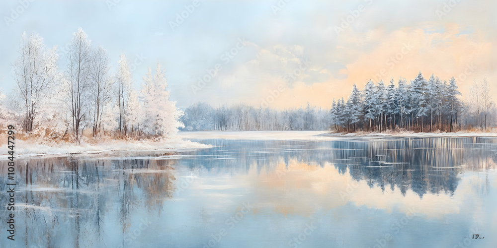 Tranquil winter lake with snow-dusted trees and pastel sky reflections . 4k image Tranquil winter lake with snow-dusted trees and pastel sky reflections . 4k image