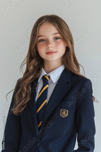 image for school yearbook, body facing the left, australian white girl, 15 years old, brown hair, in navy blue blazer, navy blue tie with yellow stripes, body turn to the left, generative ai photo