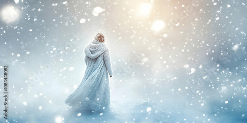 Woman in a white fur coat standing in softly falling snow, creating a magical winter atmosphere . 4k image