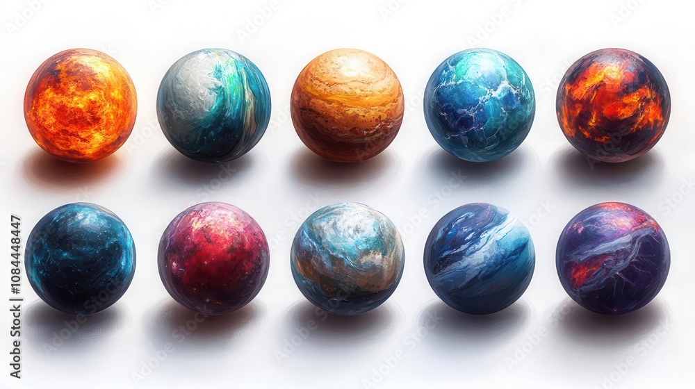 stylized set of planets depicted against a white backdrop, showcasing their unique characteristics and colors in a visually striking and educational manner stylized set of planets depicted against a white backdrop, showcasing their unique characteristics and colors in a visually striking and educational manner
