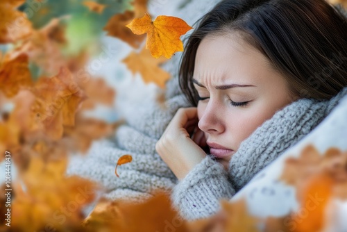 Sick Woman in Bed Experiencing Chills Amidst Blurred Leaves â€“ A Seasonal Flu Struggle