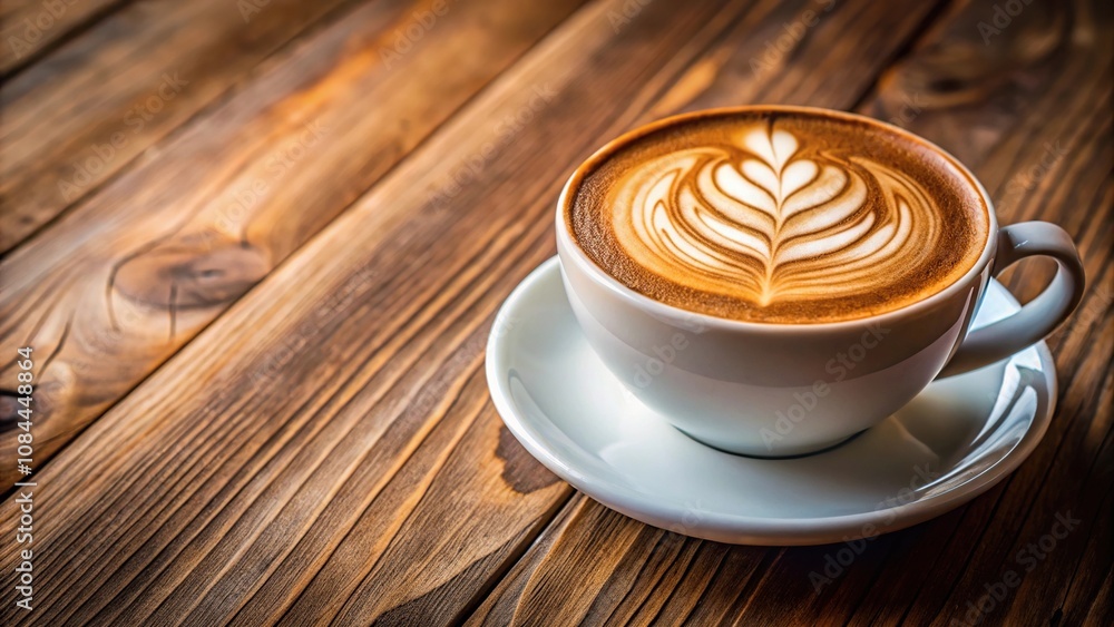 Close-Up hot cappuccino with latte art on wood background Close-Up hot cappuccino with latte art on wood background