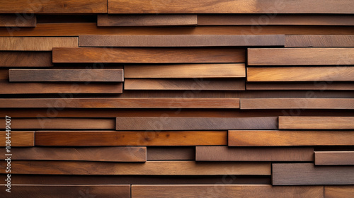 Textured wood panel wall with various shades of brown wooden planks arranged in a horizontal stacked pattern.