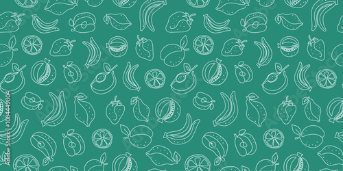 Abstract fruits. Seamless pattern. Line art style. Single line drawings. Whole and slice ​​fruits. Repeating pattern for textiles, packaging, wallpaper, scrapbooking