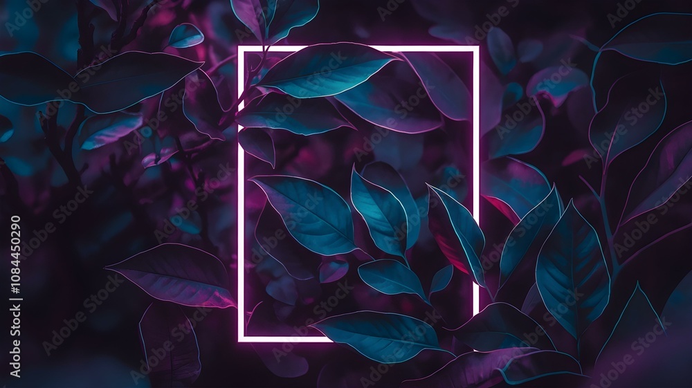 Naklejka premium Stylish Neon Frame Surrounded by Lush Leaves: A Captivating Blend of Nature and Modern Design for Artistic and Elegant Visuals