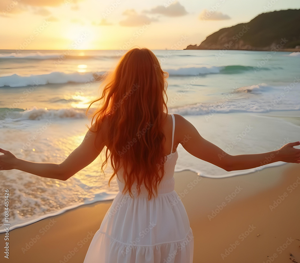 Young Woman with Outstretched Arms Embracing Freedom by the Sea Beach and Ocean in Summer Young Woman with Outstretched Arms Embracing Freedom by the Sea Beach and Ocean in Summer