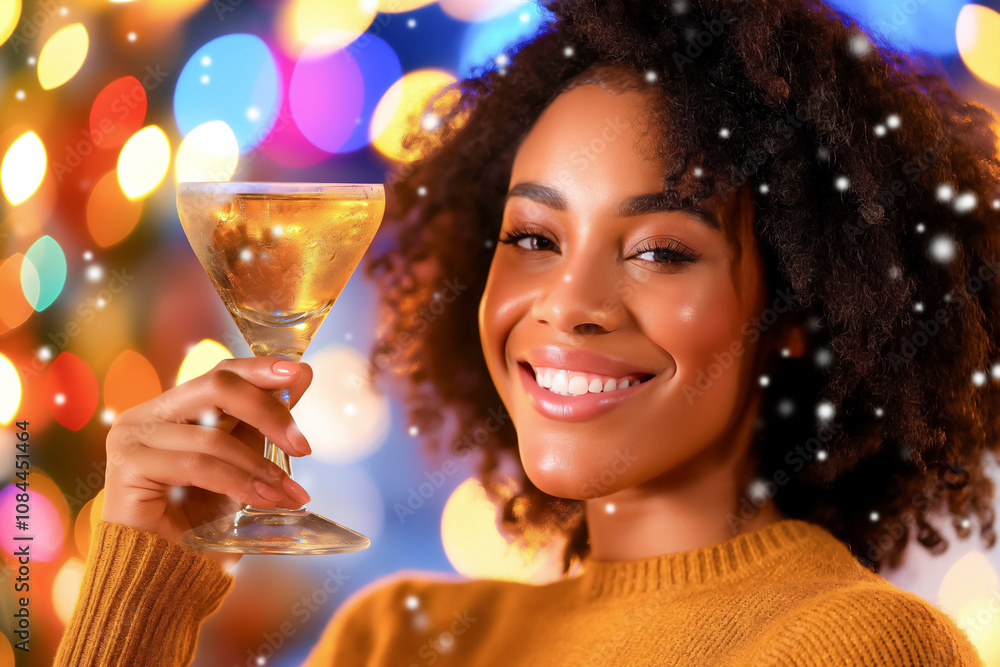 Cheerful Afro American Woman in cozy sweater holding martini glass, surrounded by bright, colorful bokeh lights, creating festive atmosphere. Perfect for holiday, party, and celebration themes. Cheerful Afro American Woman in cozy sweater holding martini glass, surrounded by bright, colorful bokeh lights, creating festive atmosphere. Perfect for holiday, party, and celebration themes.