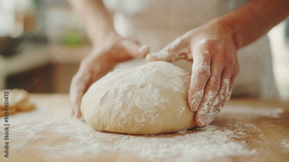 Baker kneads fresh dough on a floured wooden table in a warm kitchen, showcasing traditional bread-making techniques Baker kneads fresh dough on a floured wooden table in a warm kitchen, showcasing traditional bread-making techniques