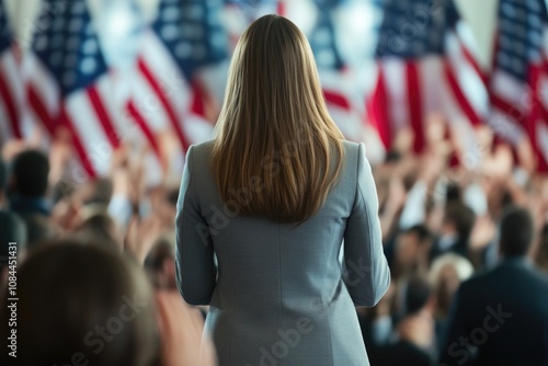 Leader Speaking to Audience with Blurred U.S. Flags photo