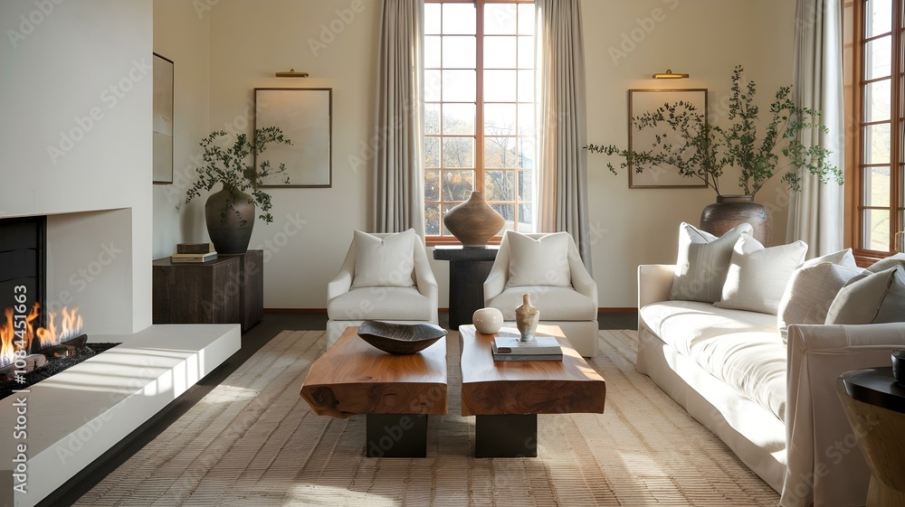 Fototapeta premium Modern and Inviting Living Room: A Stylish Blend of Comfort and Elegance Featuring Soft Furnishings, Warm Lighting, and Natural Elements for a Cozy Atmosphere