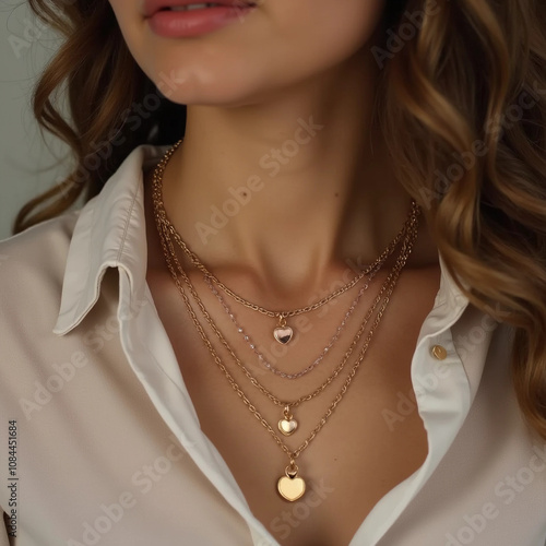 woman wearing multiple gold necklaces with a pendant