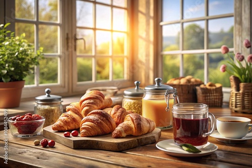 Breakfast scene, sunlit kitchen window, croissants on wooden table, orange juice, coffee cup, jam jar, potted plants, morning light, rustic interior, countryside view, cozy atmosphere, warm tones, fre photo