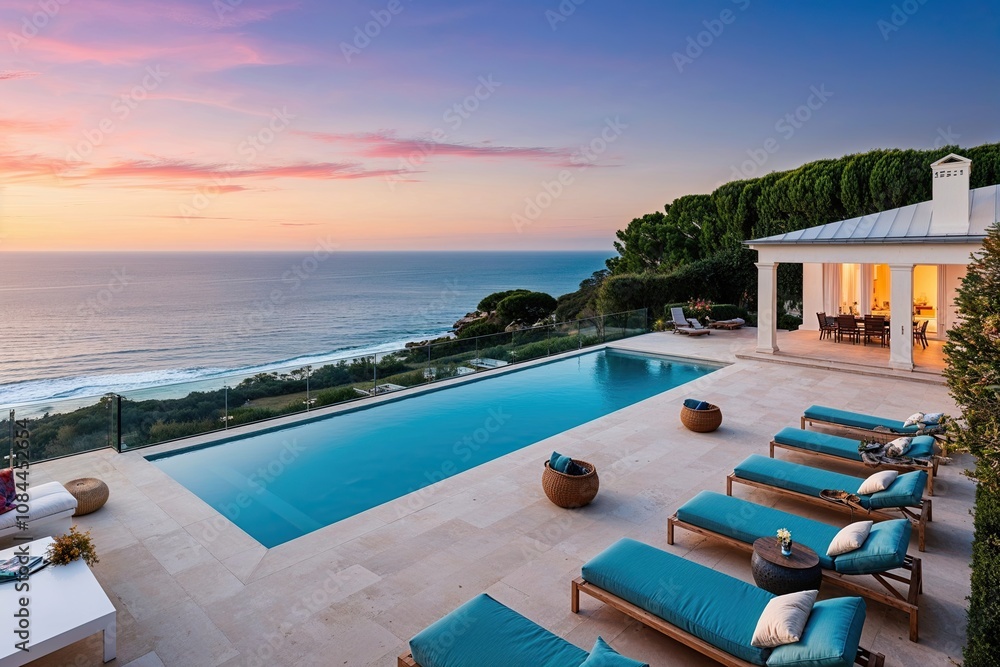 Fototapeta premium Exquisite Mediterranean Villa with Pool and Spacious Terraces Showcasing Breathtaking Ocean Views for an Opulent Summer Getaway