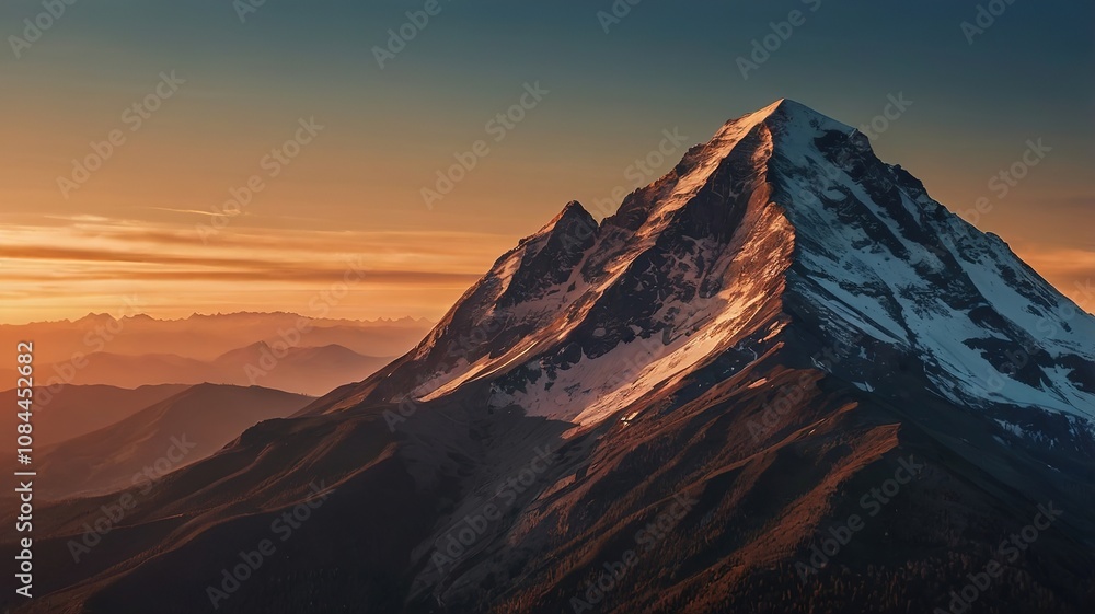 Naklejka premium Mountain silhouette against sunset - travel and nature.