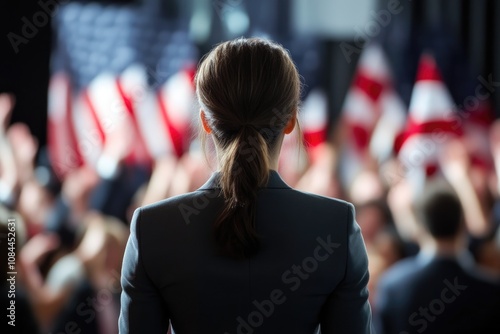 Public Speaker with U.S. Flags and Applauding Audience photo