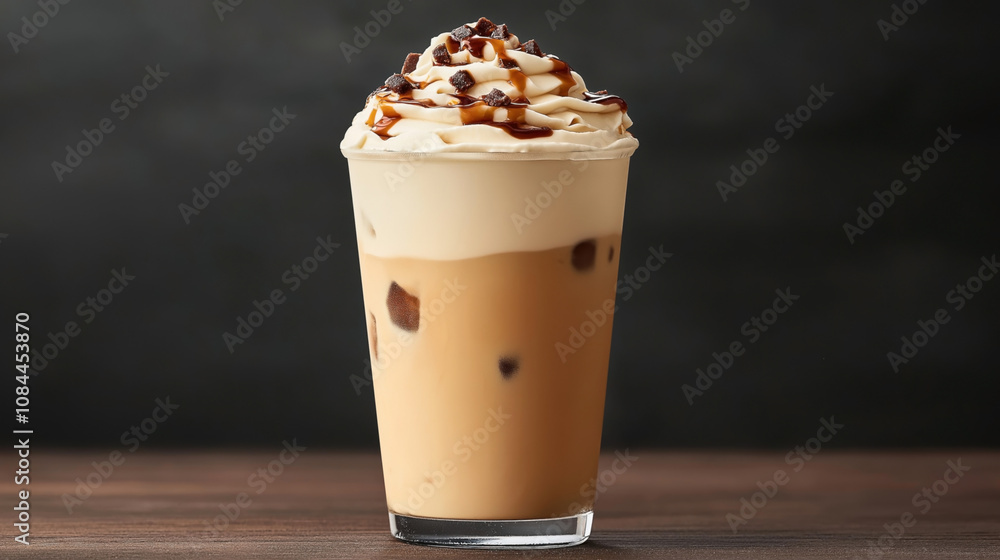 Iced coffee with whipped cream topped with caramel syrup and chocolate pieces in a clear glass Iced coffee with whipped cream topped with caramel syrup and chocolate pieces in a clear glass