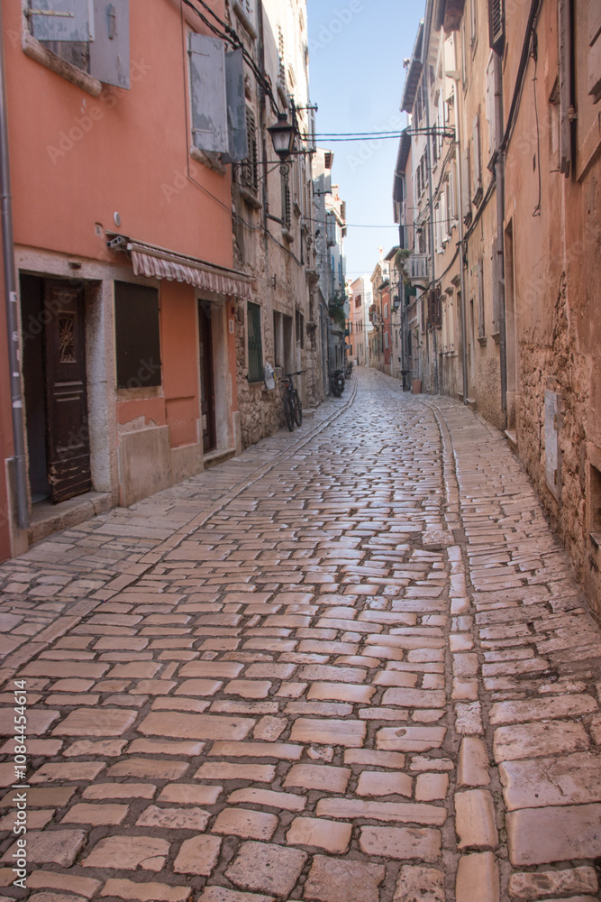 Fototapeta premium rue pavée vide le matin à Rovinj ou Rovigno en été en Istrie en Croatie