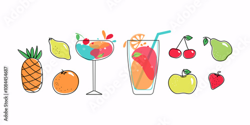 Delicious alcoholic cocktails and fruits. Multicolored mixed drinks in wine glasses. Fresh exotic tropical beach bar. Alcohol, lemonade. Flat cartoon vector icons set on white background.