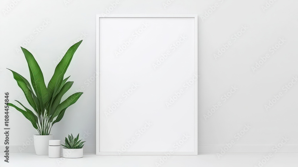 the poster in frame mockup on the placement. A minimalist interior scene featuring a blank white frame against a wall, accompanied by potted green plants, creating a serene ambiance. the poster in frame mockup on the placement. A minimalist interior scene featuring a blank white frame against a wall, accompanied by potted green plants, creating a serene ambiance.