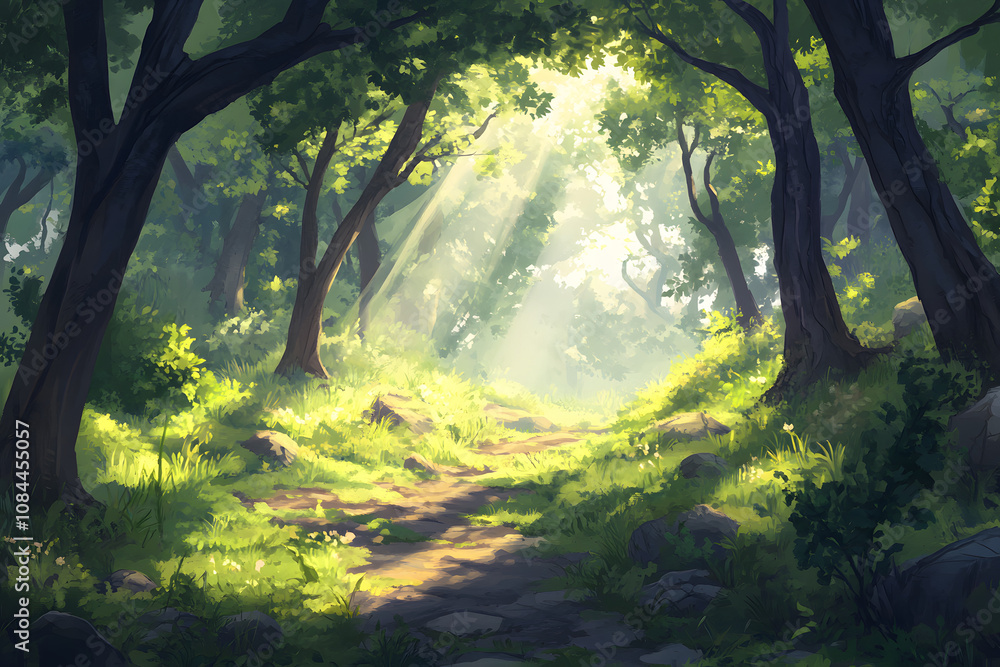 Obraz premium Sunbeams illuminate a path winding through a lush green forest. A tranquil and magical scene.