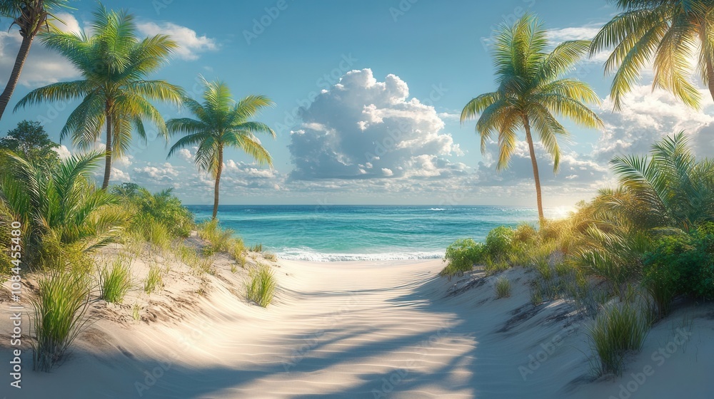 Fototapeta premium tropical oasis scene featuring lush palm trees swaying gently atop soft sandy dunes, basking in bright sunlight, conjuring a serene escape to paradise and summer vibes