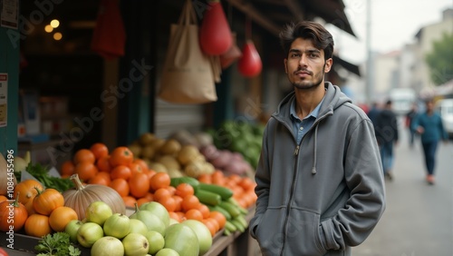 A young man stands confidently by a vibrant fruit stall in a bustling market during daytime photo