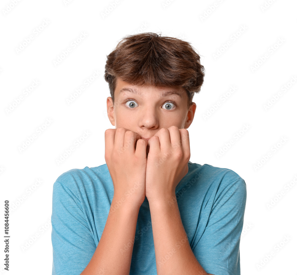 Portrait of scared teenage boy on white background Portrait of scared teenage boy on white background