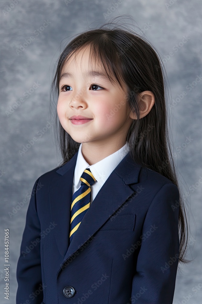image for school yearbook, body facing the left, chinese white girl, 7 years old, black hair, in plain navy blue blazer, navy blue tie with yellow stripes, generative ai image for school yearbook, body facing the left, chinese white girl, 7 years old, black hair, in plain navy blue blazer, navy blue tie with yellow stripes, generative ai
