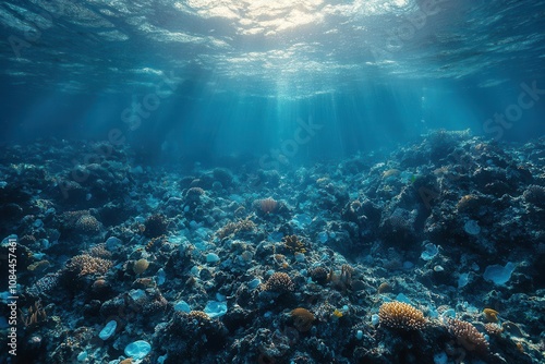 underwater view reveals plastic pollution and microplastics threatening marine life, emphasizing the urgent need for environmental conservation and awareness