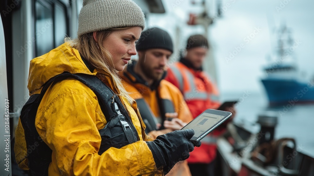 Crew members dressed for the cold use tablets to monitor operations on a vessel as they navigate the sea.