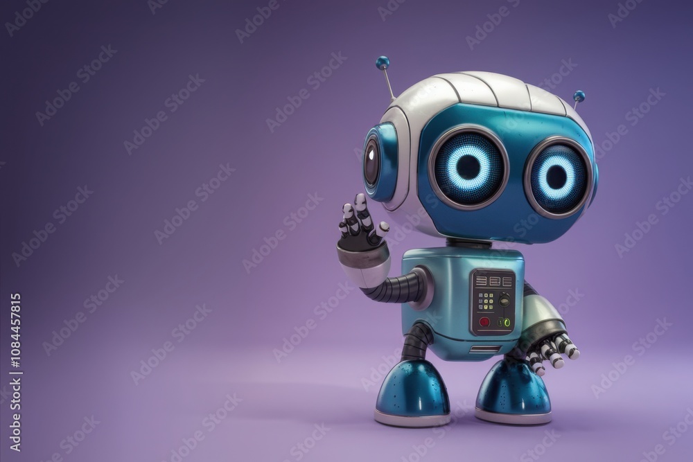 Positive cute robot pointing at a space. Copy space Positive cute robot pointing at a space. Copy space