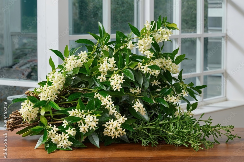 Naklejka premium Jasmine Foliage Arrangement on Clear Background for Decorative Display