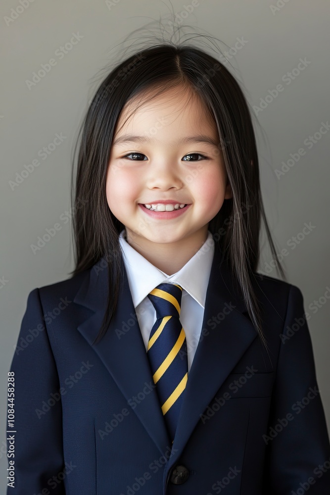 image for school yearbook, body facing the left, chinese white girl, 7 years old, black hair, in plain navy blue blazer, navy blue tie with yellow stripes, generative ai image for school yearbook, body facing the left, chinese white girl, 7 years old, black hair, in plain navy blue blazer, navy blue tie with yellow stripes, generative ai