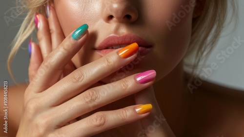 Beautiful girl hand care . Model woman showing colorful manicure on nails . Cosmetics ,beauty and makeup 