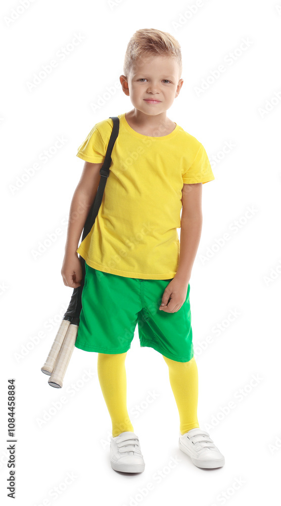 Little boy with tennis rackets on white background Little boy with tennis rackets on white background