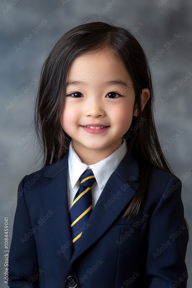 image for school yearbook, body facing the left, chinese white girl, 7 years old, black hair, in plain navy blue blazer, navy blue tie with yellow stripes, generative ai image for school yearbook, body facing the left, chinese white girl, 7 years old, black hair, in plain navy blue blazer, navy blue tie with yellow stripes, generative ai